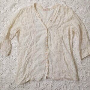 Johnny Was Button Up Shirt Blouse Top Ivory Eyelet VNeck 3/4 Sleeve Medium Women